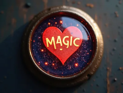 Glowing Red Heart Button With Magic Text