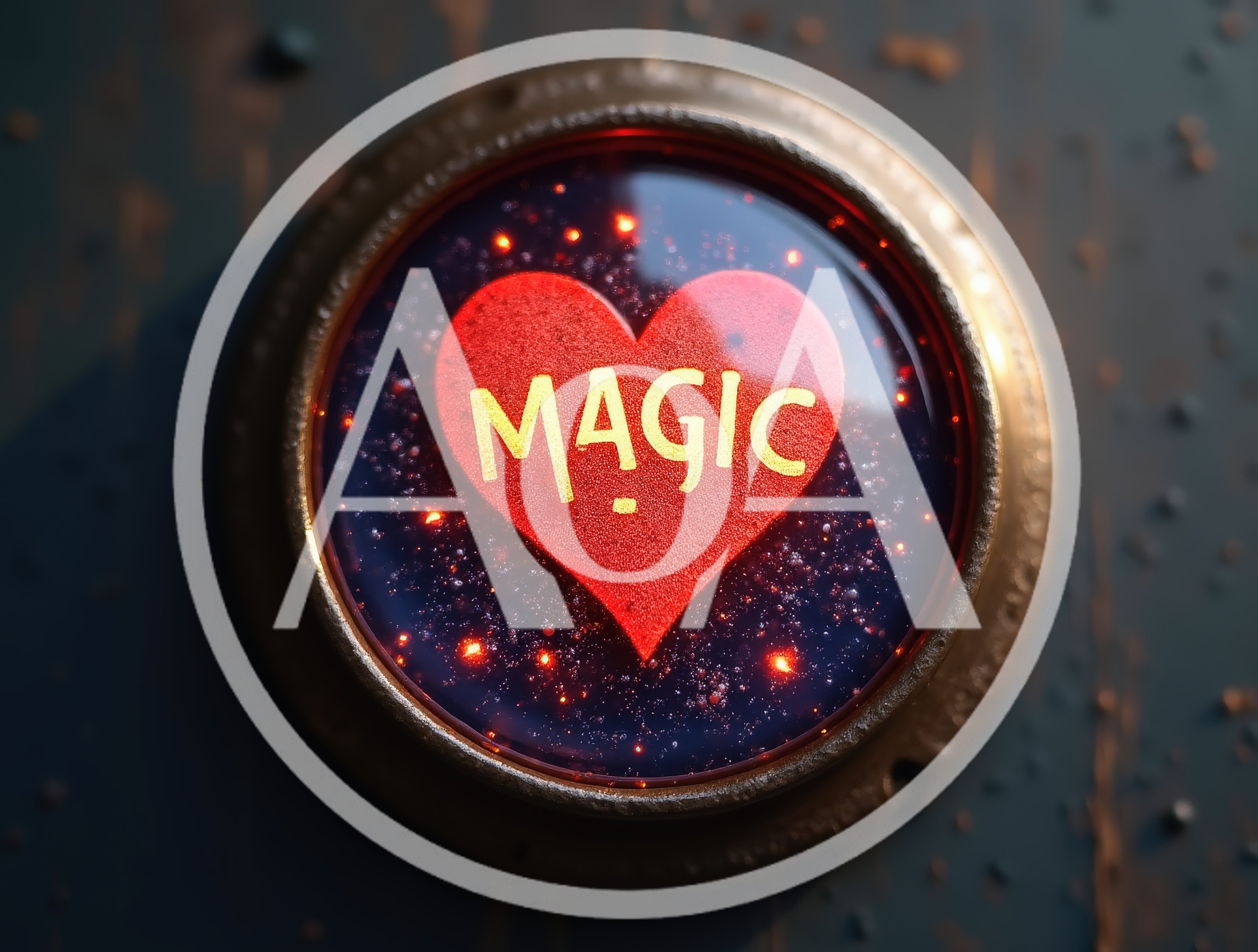 Glowing Red Heart Button With Magic Text