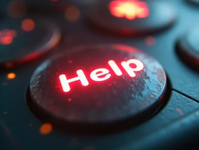 Glowing Help Button On A Dark Textured Control Panel