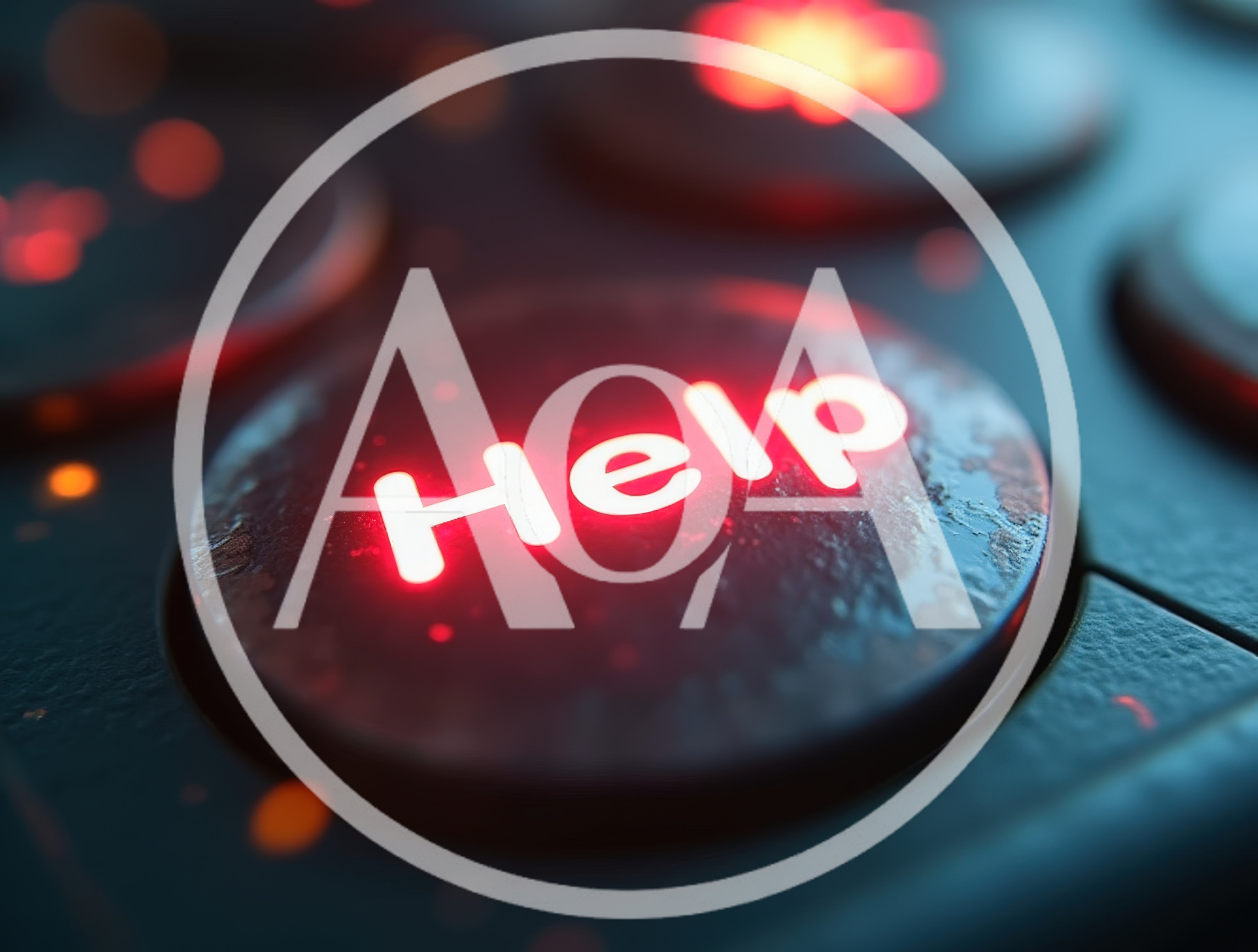 Glowing Help Button On A Dark Textured Control Panel