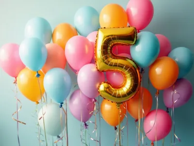 Gold Number Five Balloon With Colorful Party Balloons