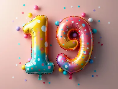 Number Nineteen Foil Balloons With Colorful Confetti