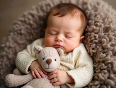 Newborn Baby Sleeping With A Plush Teddy Bear