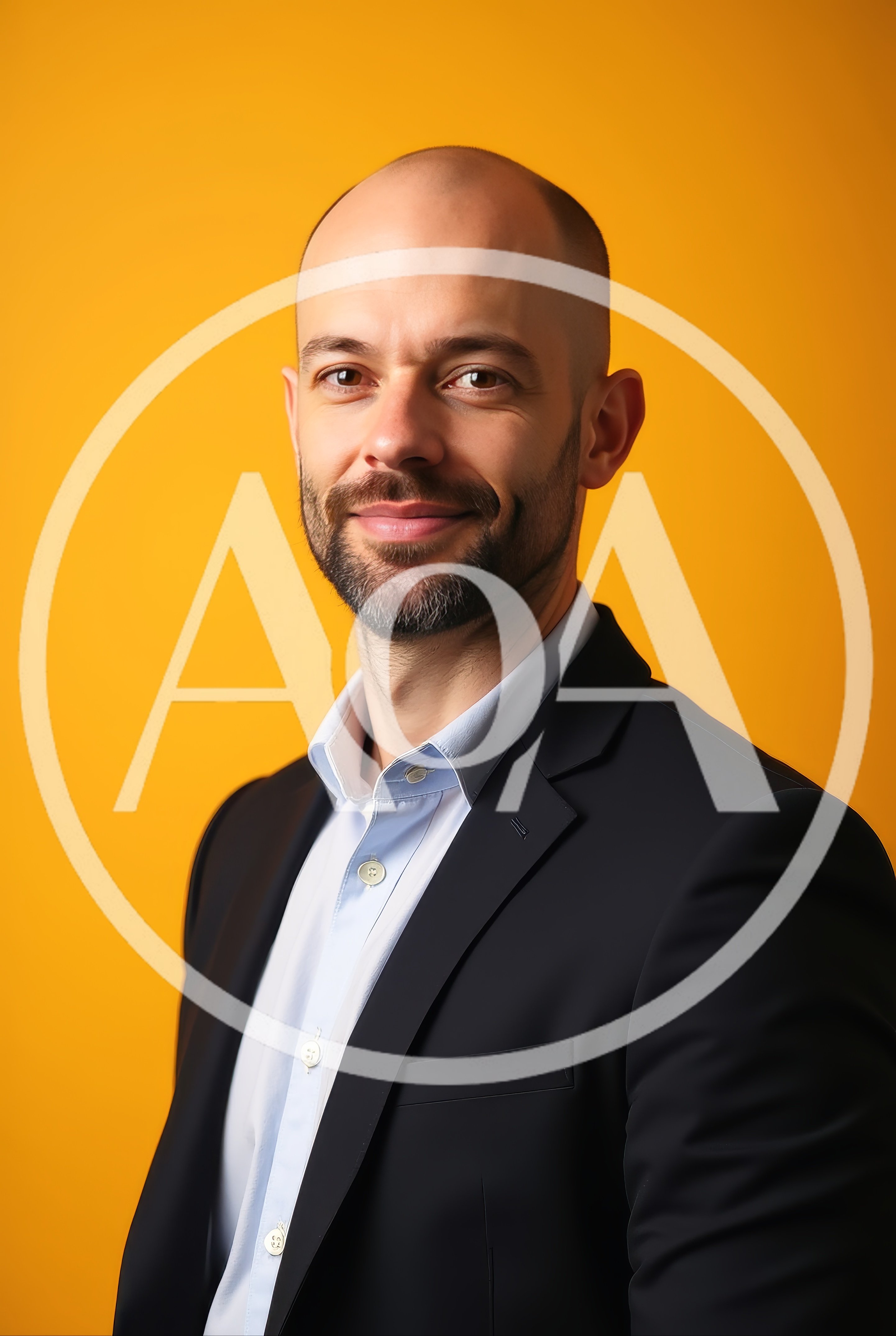 Professional Bald Man In Suit Against Yellow Background