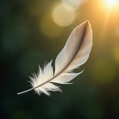 Single White Feather Floating Against Blurred Golden Background
