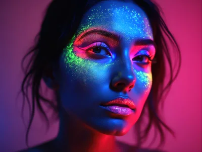 Portrait Of A Woman With Neon Glitter Makeup