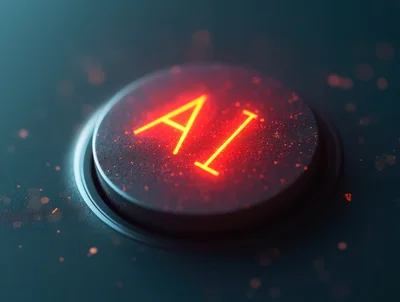 Glowing Red AI Button On Dark Textured Surface