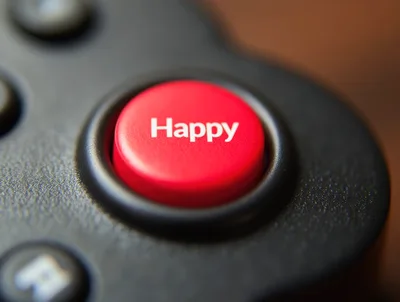 Close Up Of A Red Happy Button On Remote