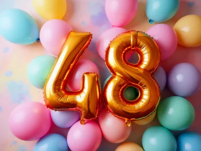 Gold Number 48 Balloons on Pastel Background