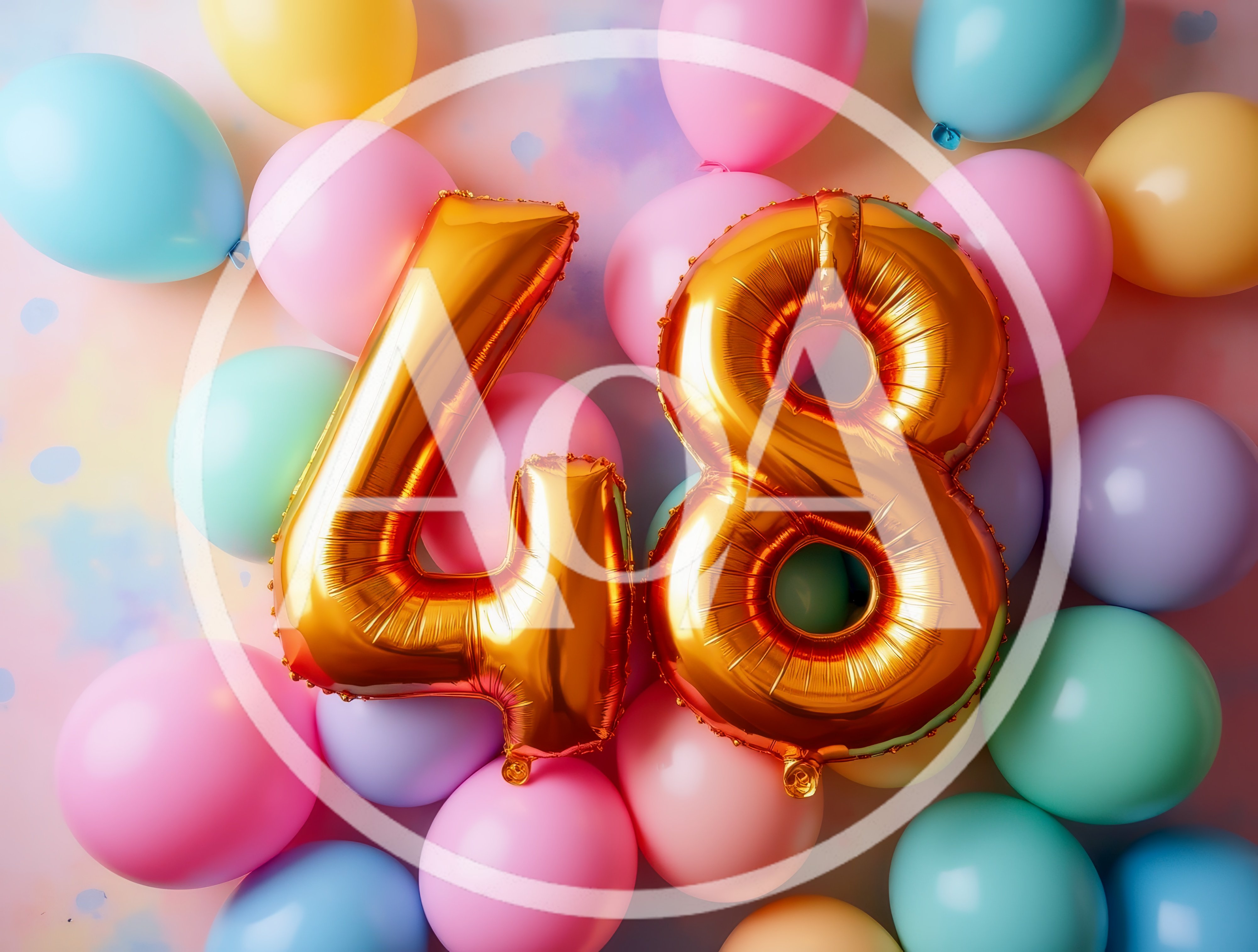 Gold Number 48 Balloons on Pastel Background
