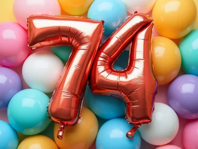Red Foil Number 74 Balloons On Colorful Background