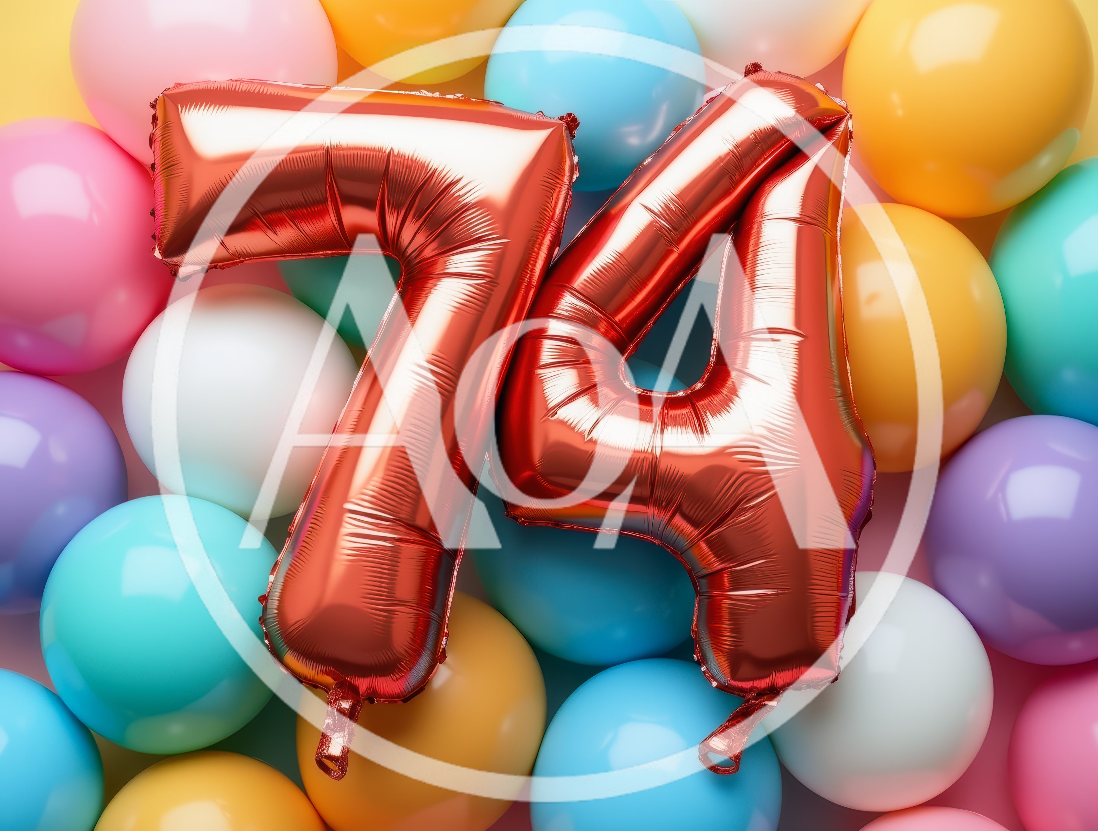Red Foil Number 74 Balloons On Colorful Background