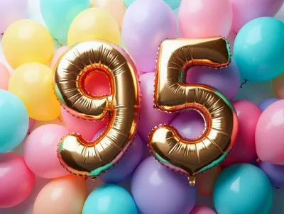 Gold Number 95 Balloons Against Pastel Background