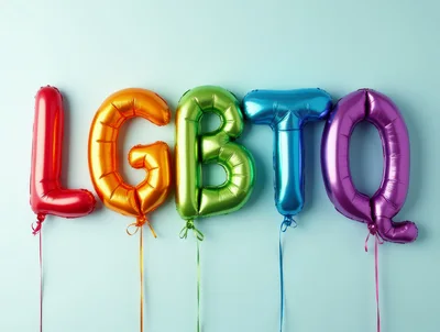 LGBTQ Letter Balloons Against A Light Blue Background