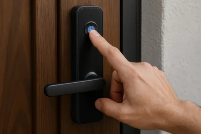Person Using Fingerprint Scanner On Smart Door Lock