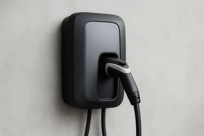 Electric Vehicle Charging Station Mounted On Concrete Wall