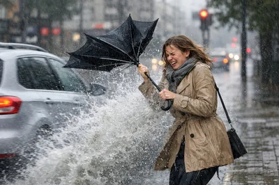 Woman Struggling With Umbrella During Heavy Rainstorm