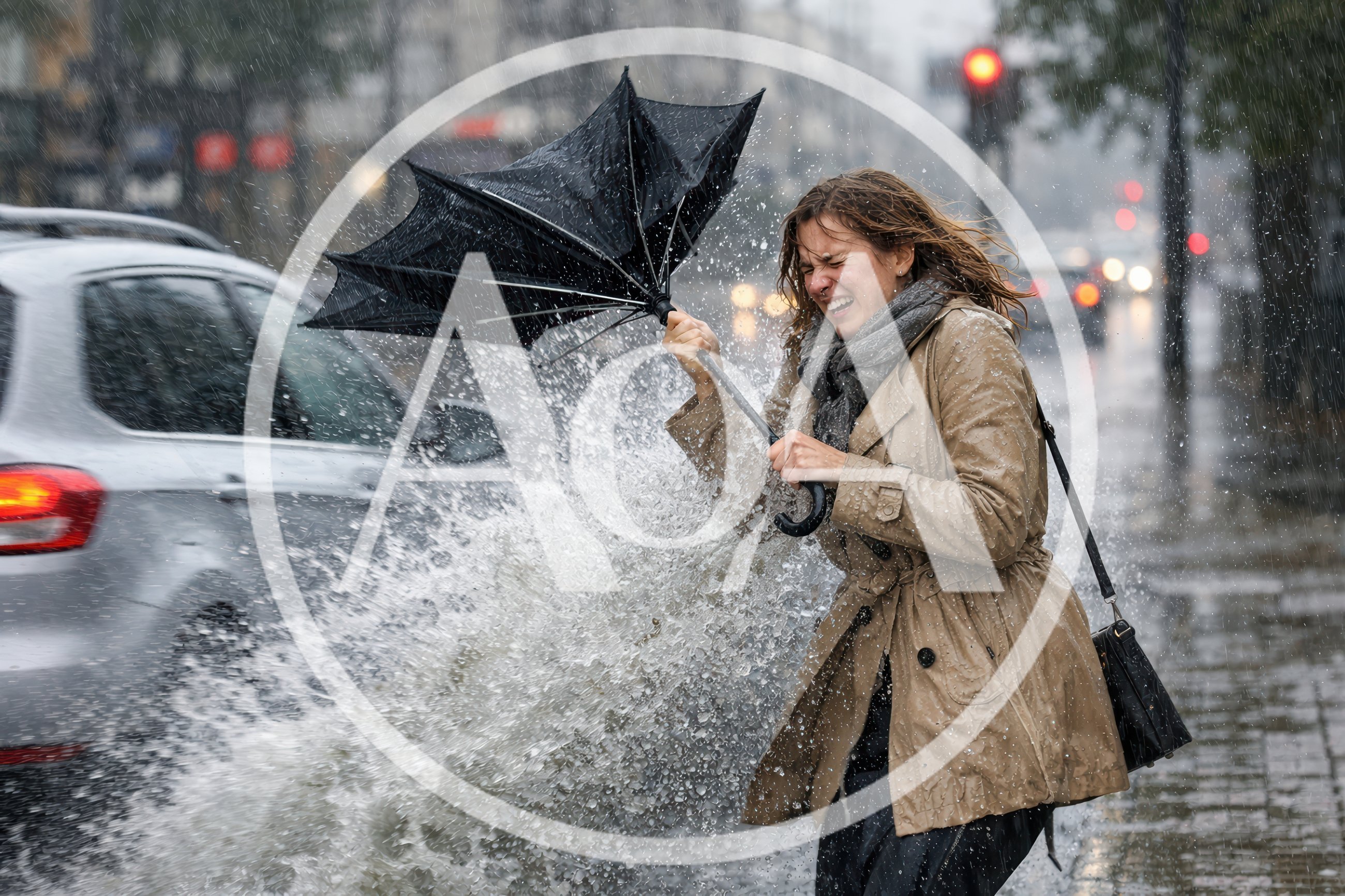 Woman Struggling With Umbrella During Heavy Rainstorm