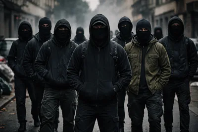 Group of Men in Black Hoodies and Face Masks