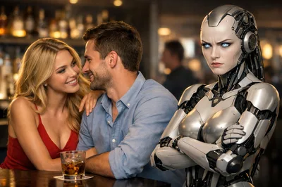 Man Flirting With Woman While Jealous Robot Watches