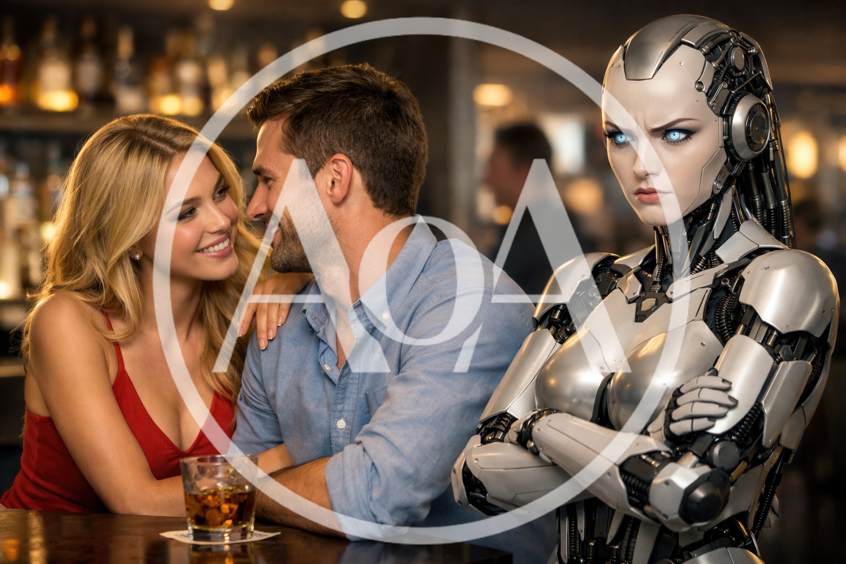 Man Flirting With Woman While Jealous Robot Watches