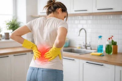 Woman Suffering From Lower Back Pain While Cleaning Kitchen