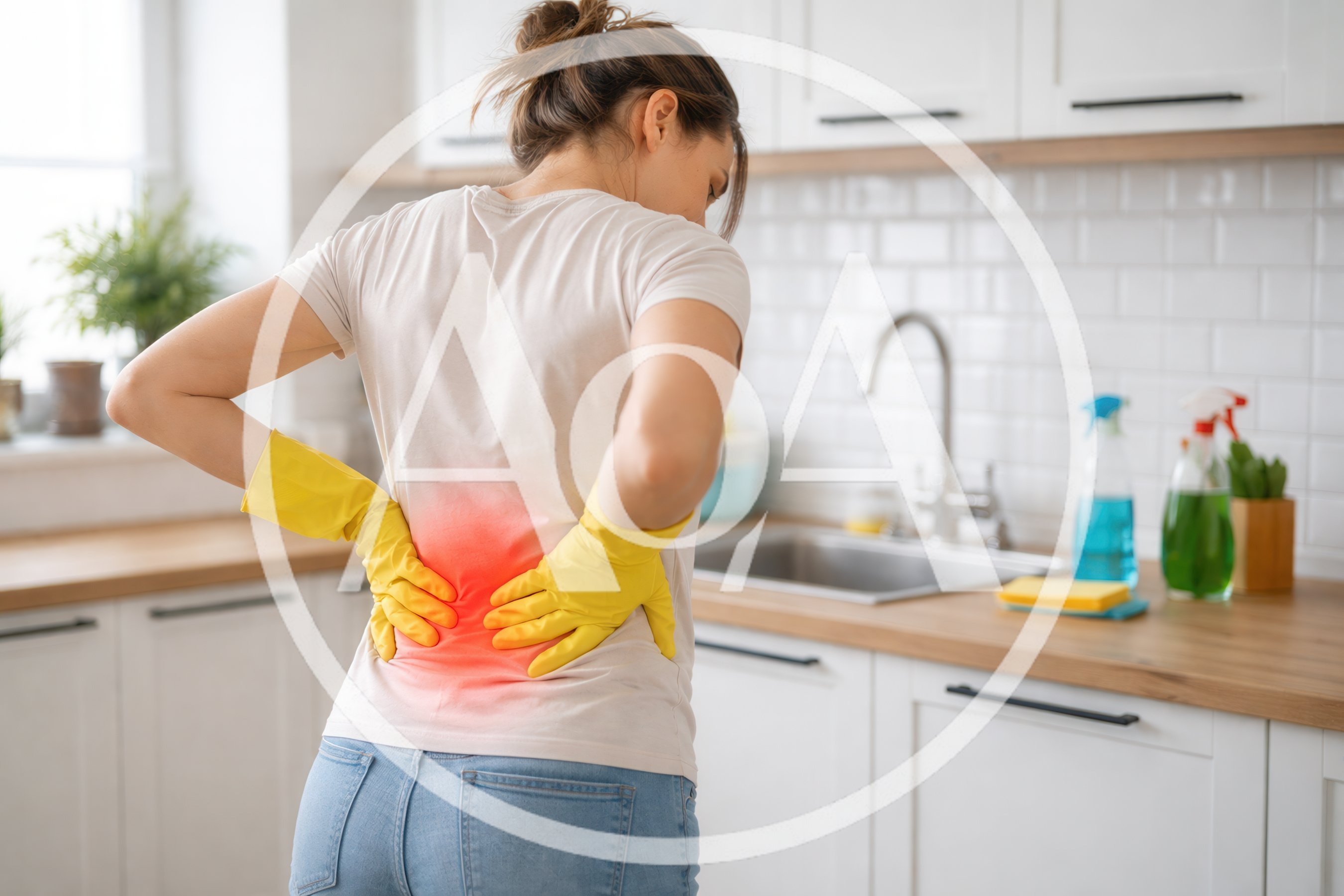 Woman Suffering From Lower Back Pain While Cleaning Kitchen