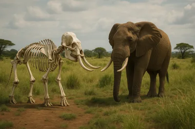 Elephant Skeleton Facing A Living African Elephant