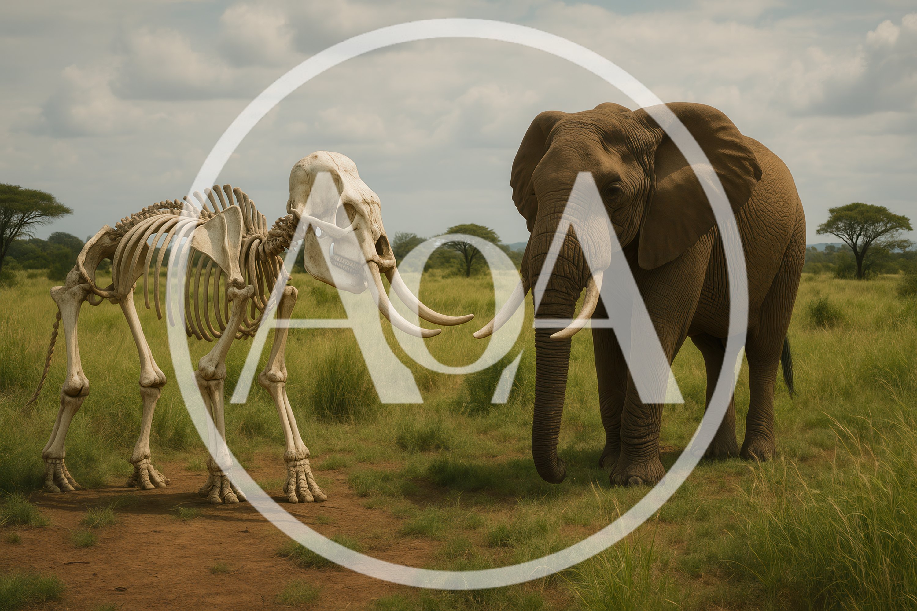 Elephant Skeleton Facing A Living African Elephant