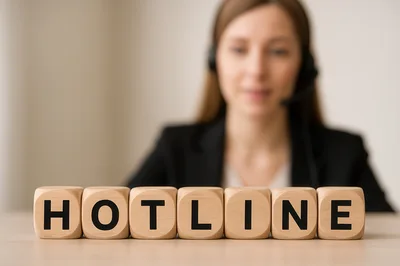 Customer Support Representative With Hotline Wooden Blocks