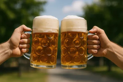 Two People Toasting With Large Beer Steins Outdoors