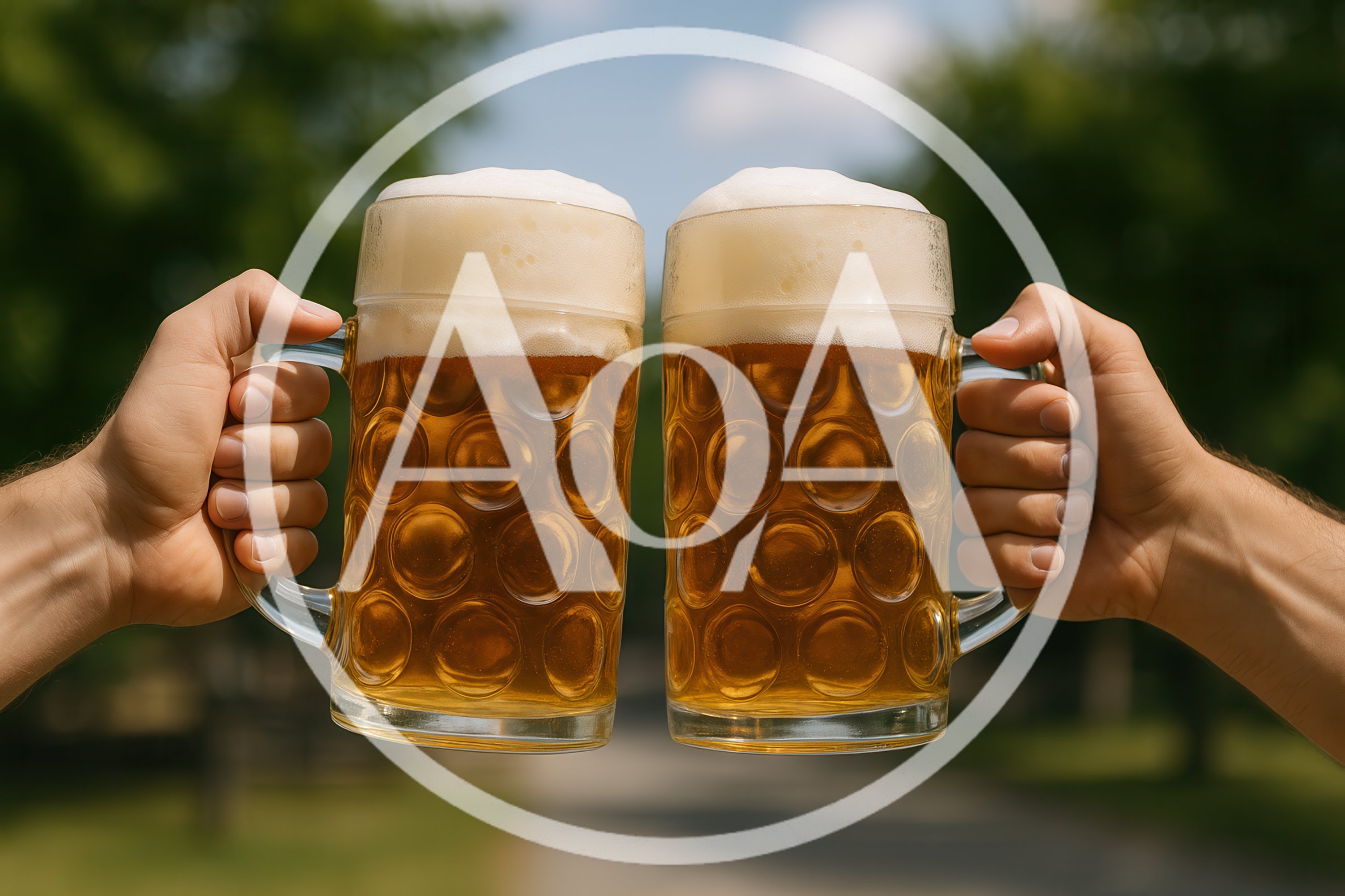 Two People Toasting With Large Beer Steins Outdoors