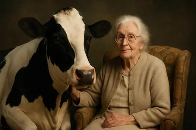 Elderly Woman Sitting With A Cow In Studio