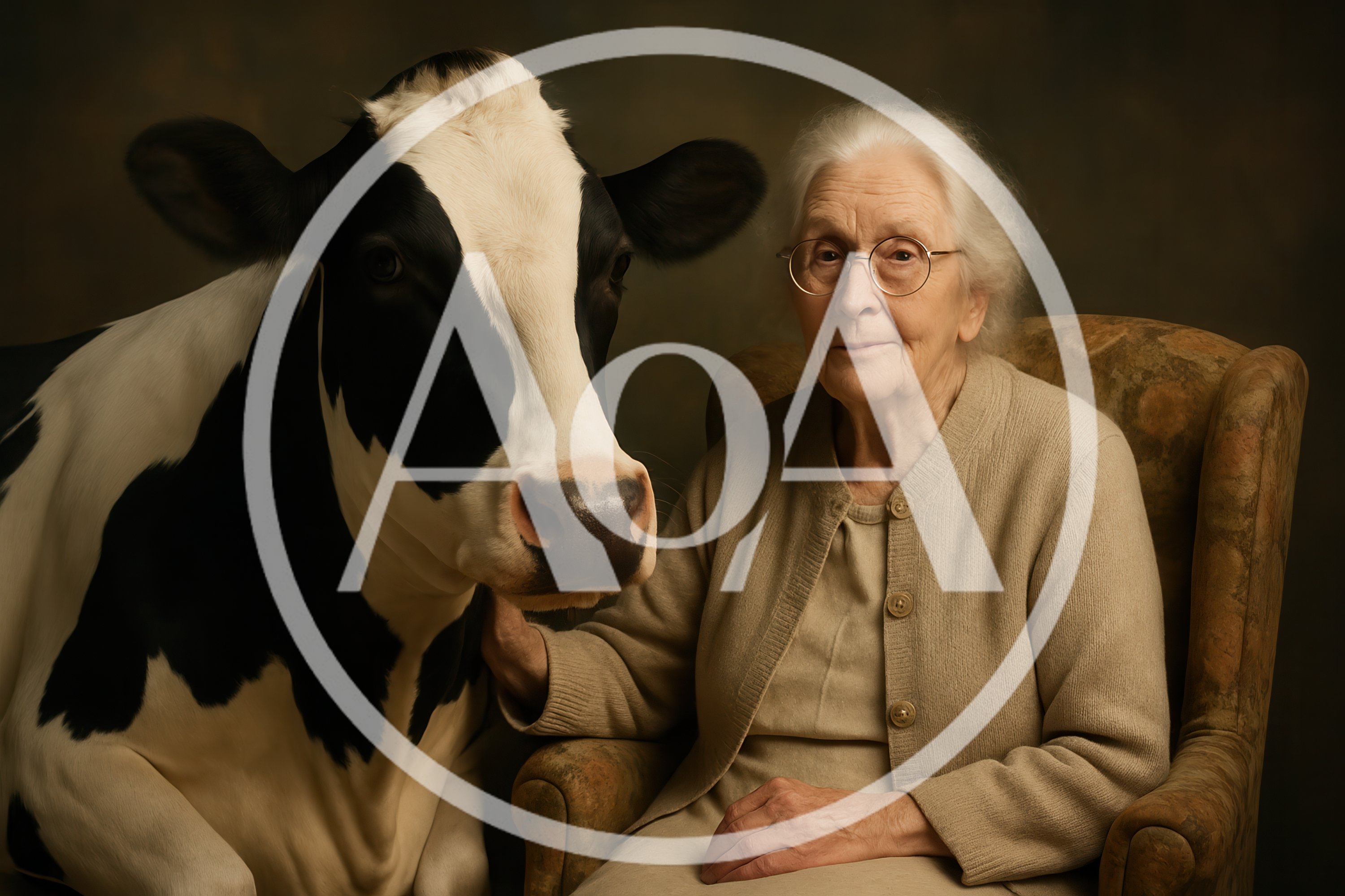 Elderly Woman Sitting With A Cow In Studio