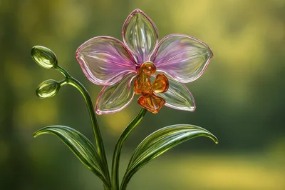 Glass Orchid Flower Sculpture With Green Leaves