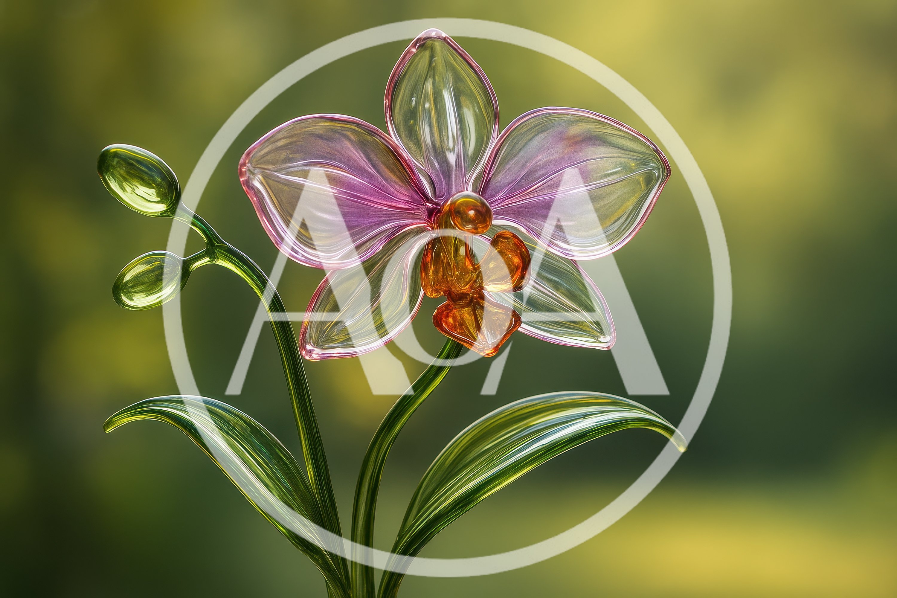 Glass Orchid Flower Sculpture With Green Leaves