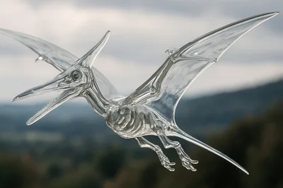Glass Pterodactyl Sculpture Flying Against Blurred Landscape