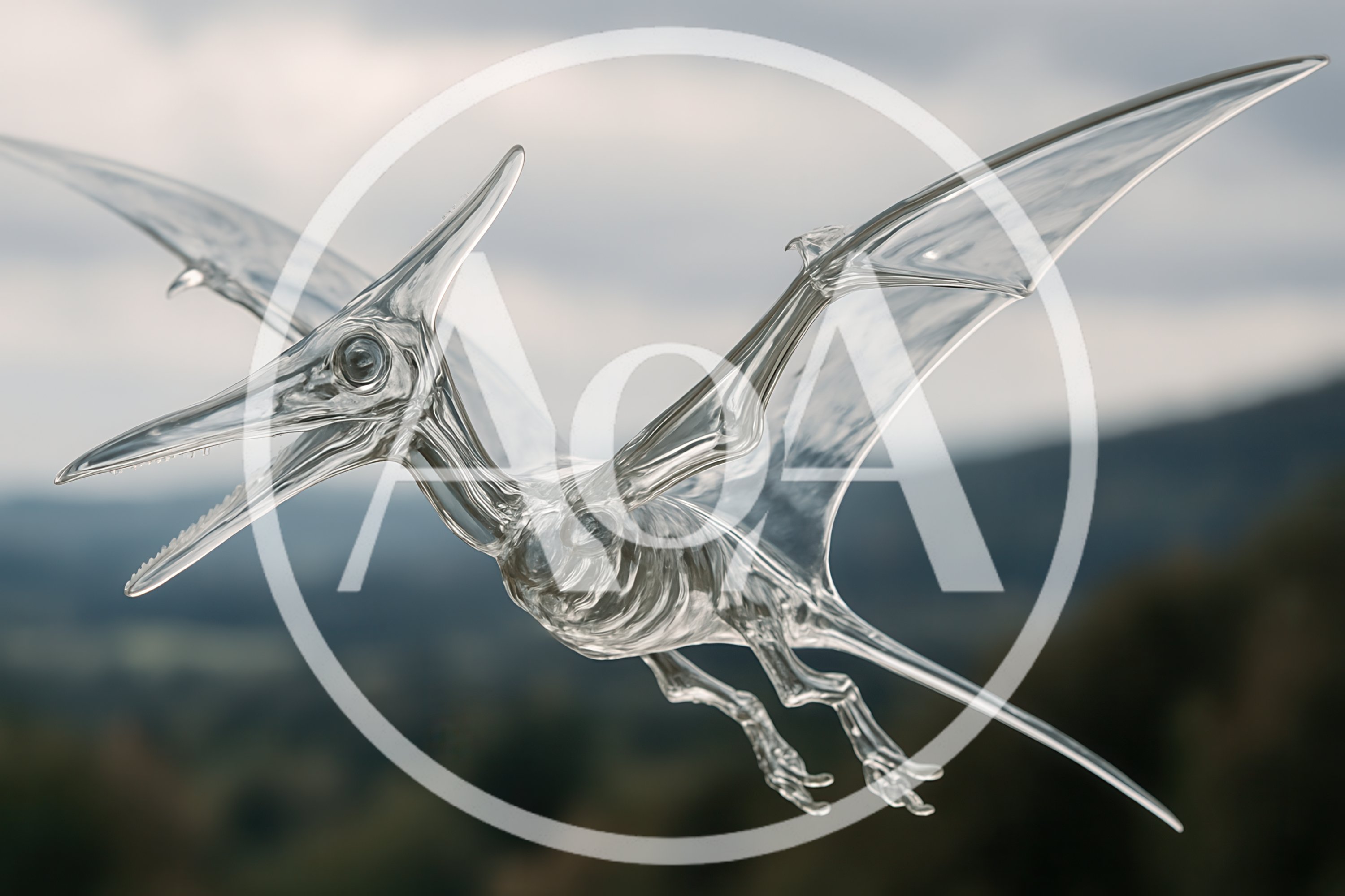 Glass Pterodactyl Sculpture Flying Against Blurred Landscape