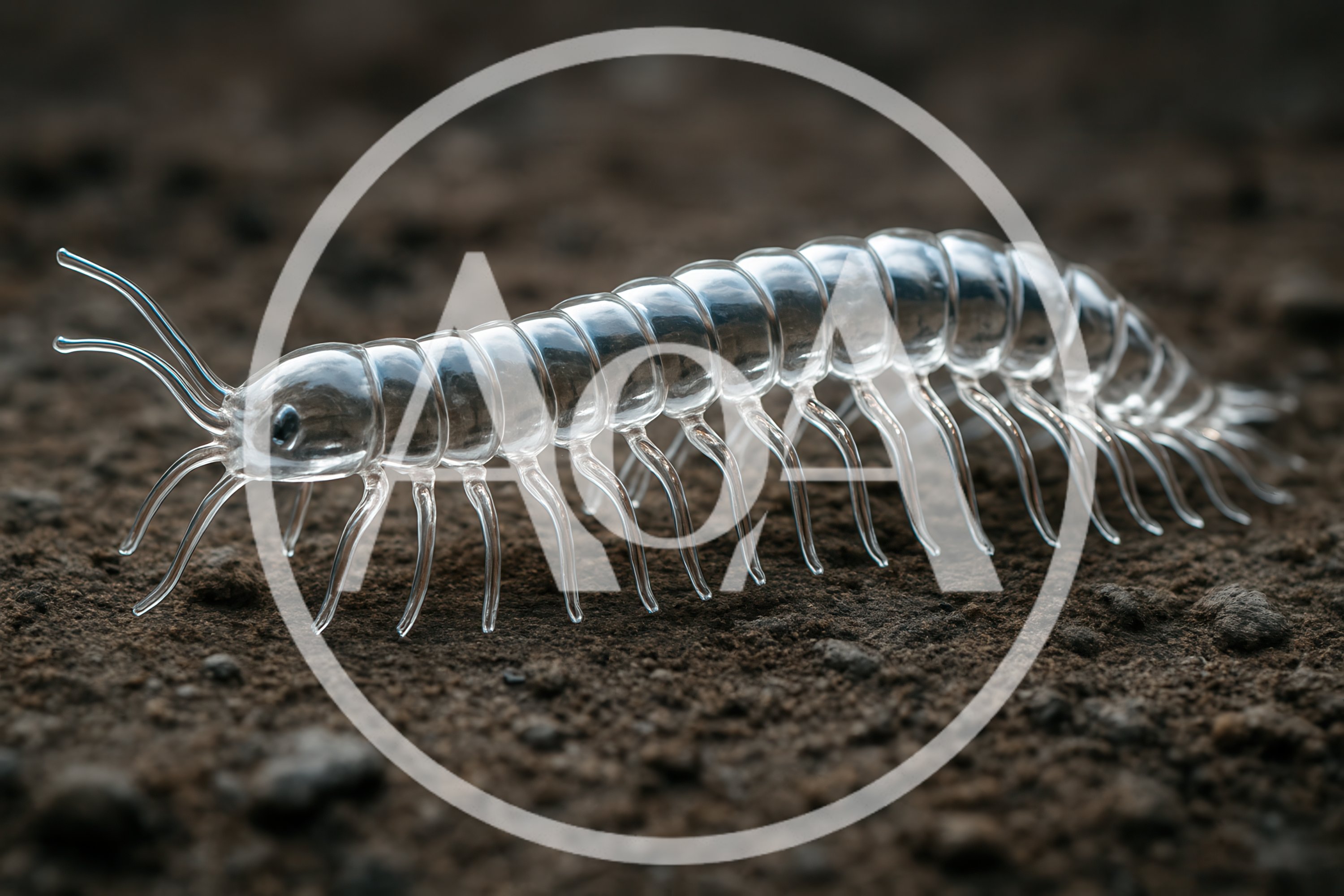 Glass Millipede Sculpture Crawling On Dark Soil