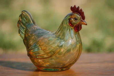 Amber Glass Hen Figurine On Wooden Surface