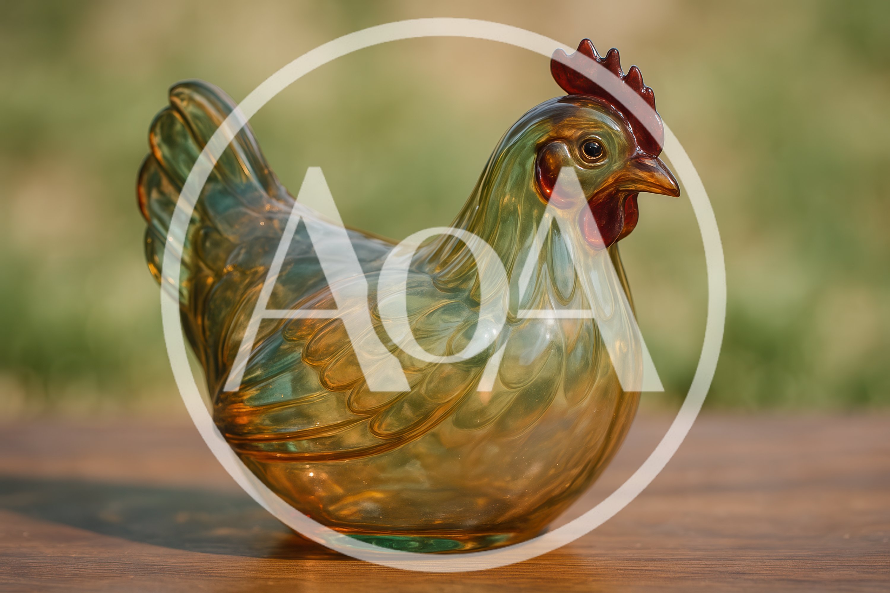 Amber Glass Hen Figurine On Wooden Surface