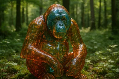 Glass Orangutan Sculpture In A Lush Forest