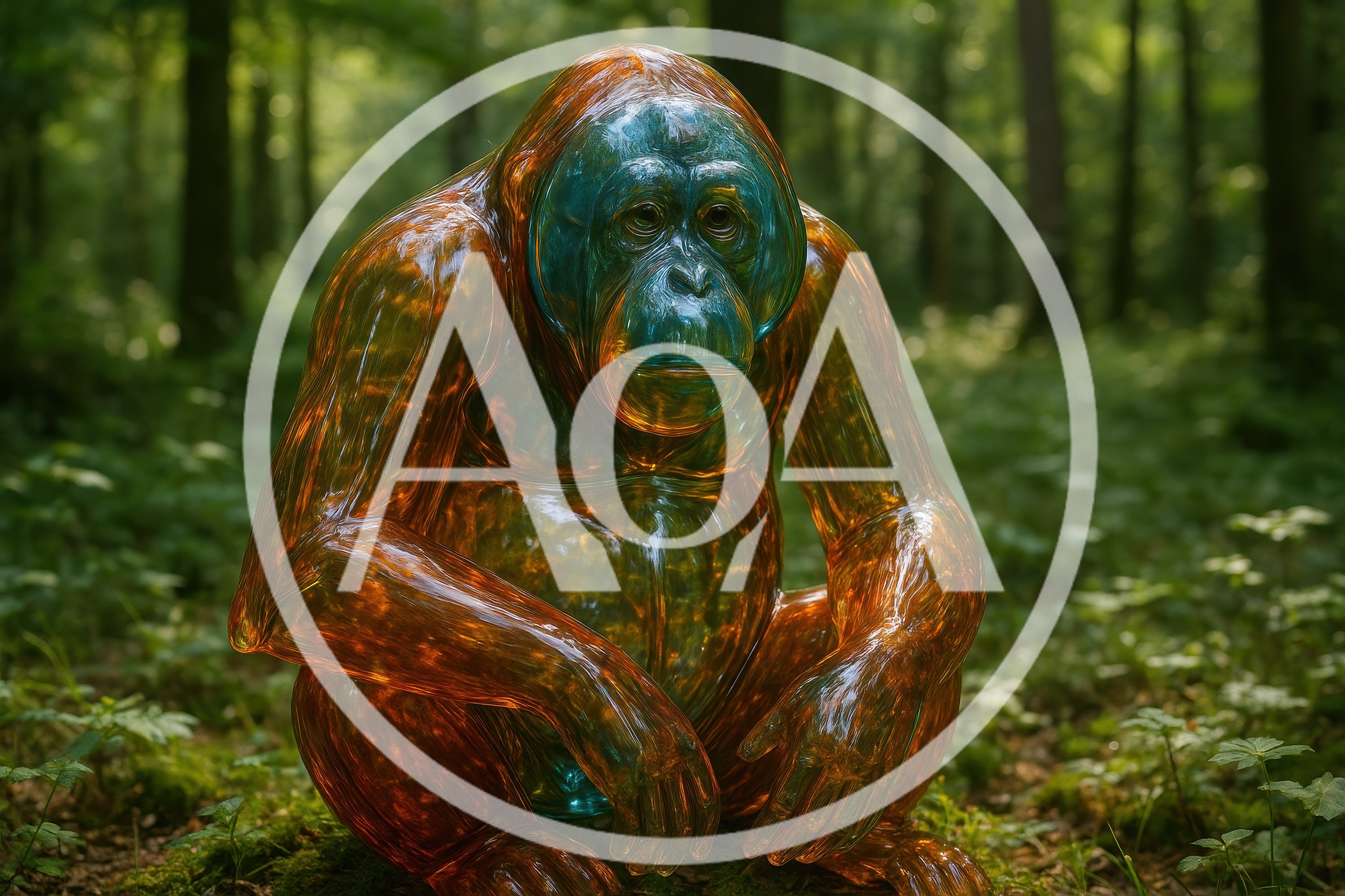 Glass Orangutan Sculpture In A Lush Forest