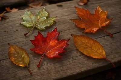 Glass Maple and Autumn Leaves on Wooden Surface