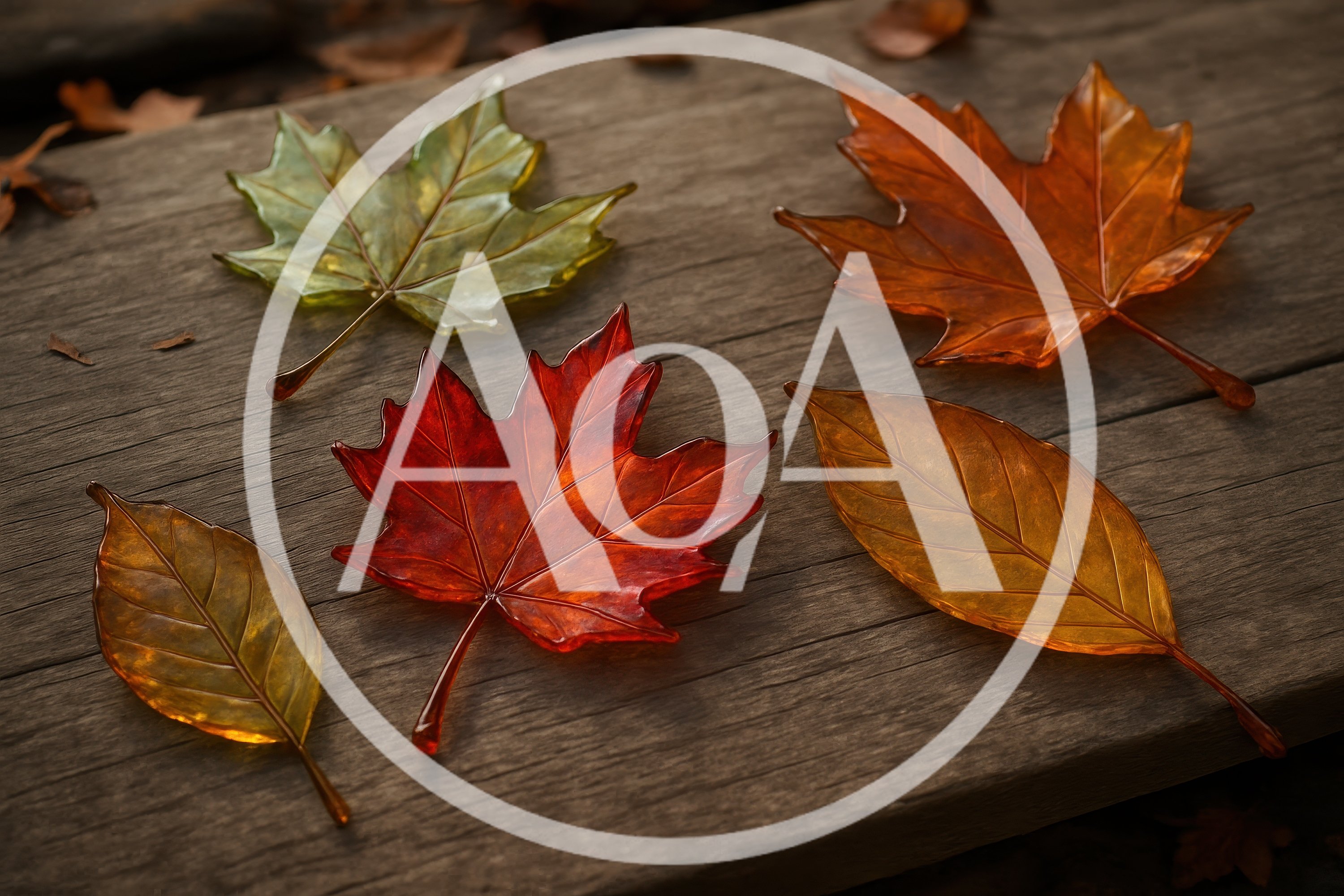 Glass Maple and Autumn Leaves on Wooden Surface