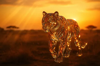 Glass Tiger Sculpture Walking In Golden Sunset Savannah