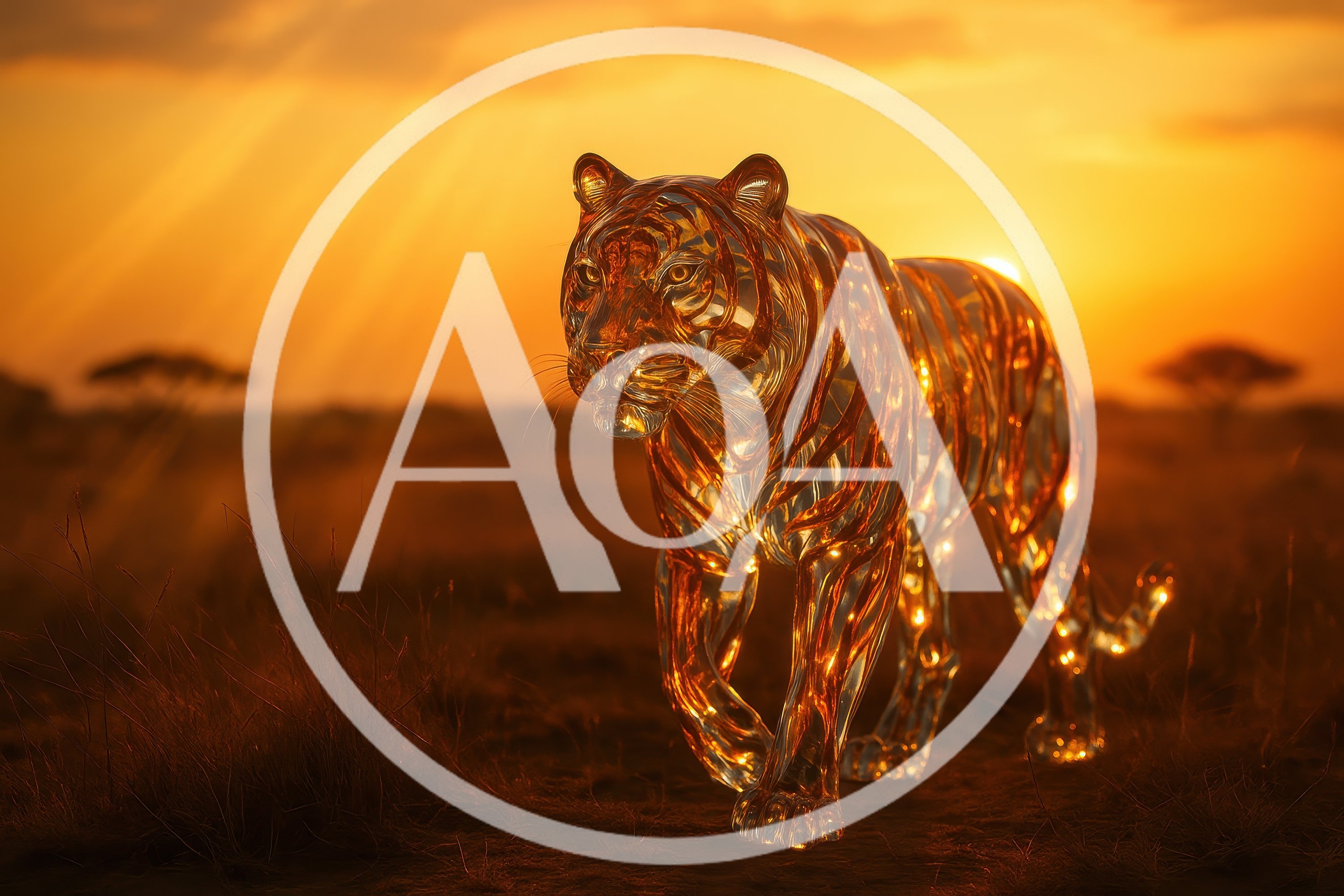 Glass Tiger Sculpture Walking In Golden Sunset Savannah
