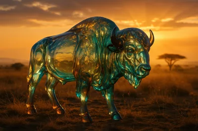 Glass Bison Sculpture In African Savanna At Sunset