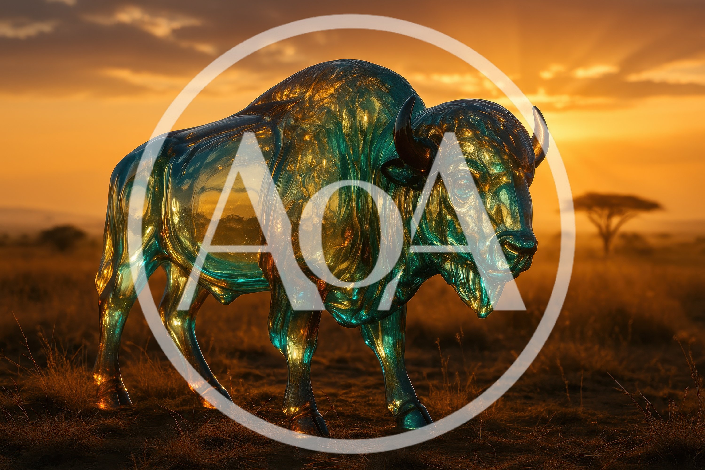 Glass Bison Sculpture In African Savanna At Sunset