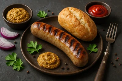 Grilled Sausage With Bread And Condiments On A Plate